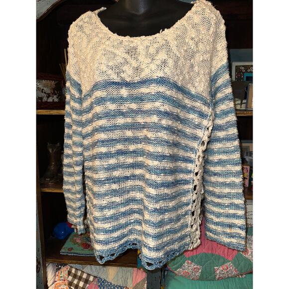 FREE PEOPLE FRENCH CREEK COTTON SLUB KNIT STRIPED SWEATER W/ CROCHET SIDES S - Picture 2 of 11